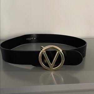 Valentino Black Leather Belt with Gold V Logo